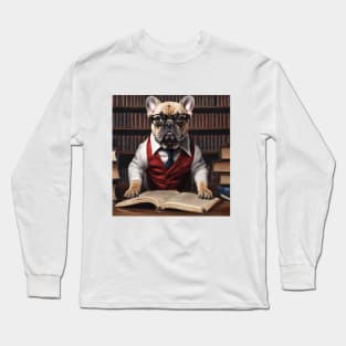 Chic French Bulldog: Hyperreal Red-Suit in Whimsical Library Long Sleeve T-Shirt